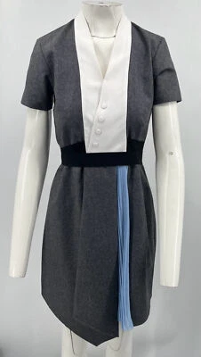 Carven STAINED/ALTERED Gray Belted Faux-Wrap Pleated A-Line Dress sz 40 - Image 1 of 4