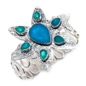 Emerald(Simulated) Gemstone 925 Silver Plated Cuff Bracelet Adjustable - Picture 1 of 1