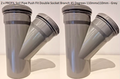 2 x PROFIL Soil Pipe Push Fit Double Socket Branch 45 Degrees 110mmx110mm - Grey - Image 1 of 4