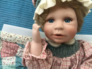 THE ASHTON DRAKE GALLERIES PORCELAIN GIRL DOLL has bonnet, blanket, blond hair - Picture 1 of 12