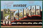 Postcard MI Large Letter Greetings From Monroe Michigan Linen Postcard 1945