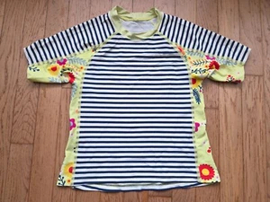 Patagonia Girl’s Rash Guard Short Sleeve Blue White Stripe w/ Yellow Floral Sz 8 - Picture 1 of 4