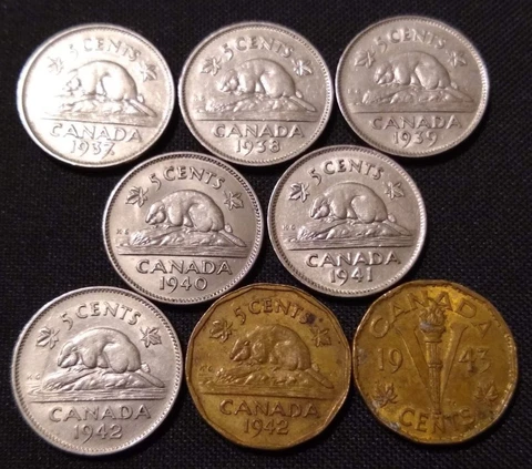 8 different Canada Nickels date set 1937-1943 tombac 1/5 roll ww2 beaver coins Cover