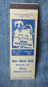 Mar-Chris Grill Wardsville Ontario Canada Vintage Matchbook Cover LC11 - Picture 1 of 2
