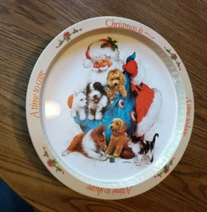 Holiday Christmas Santa W/ Dogs 13 Inch Round Vintage Metal Serving Tray - Picture 1 of 3