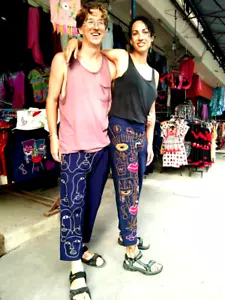 Pantalones Harén Pescadores Pantalones Yoga Tailandeses Hecho a Mano Algodón Dibujo a Mano x1 - Imagen 1 de 11