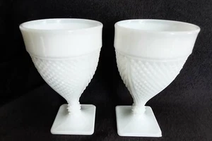 Vintage Westmoreland Diamond Point Milk Glass Goblet Wine Glass Set of 2 - Picture 1 of 5