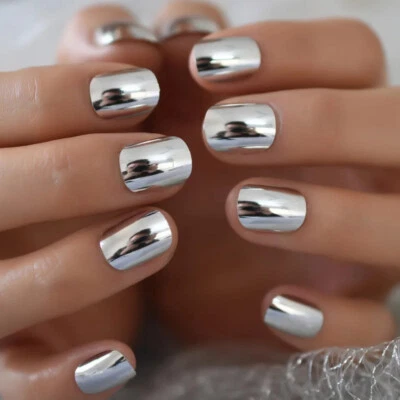 24 Short Press on nails kit w/ glue silver chrome mirror reflective - Image 1 of 4
