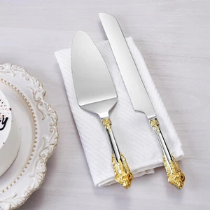 Wedding Cake Cutter Set, Stainless Steel, Cake Cutting Set (Gold Accents) - Picture 1 of 8