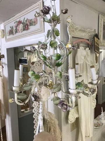 Pretty Tole Floral Roses Vintage Chandelier - Shabby Chic Cover