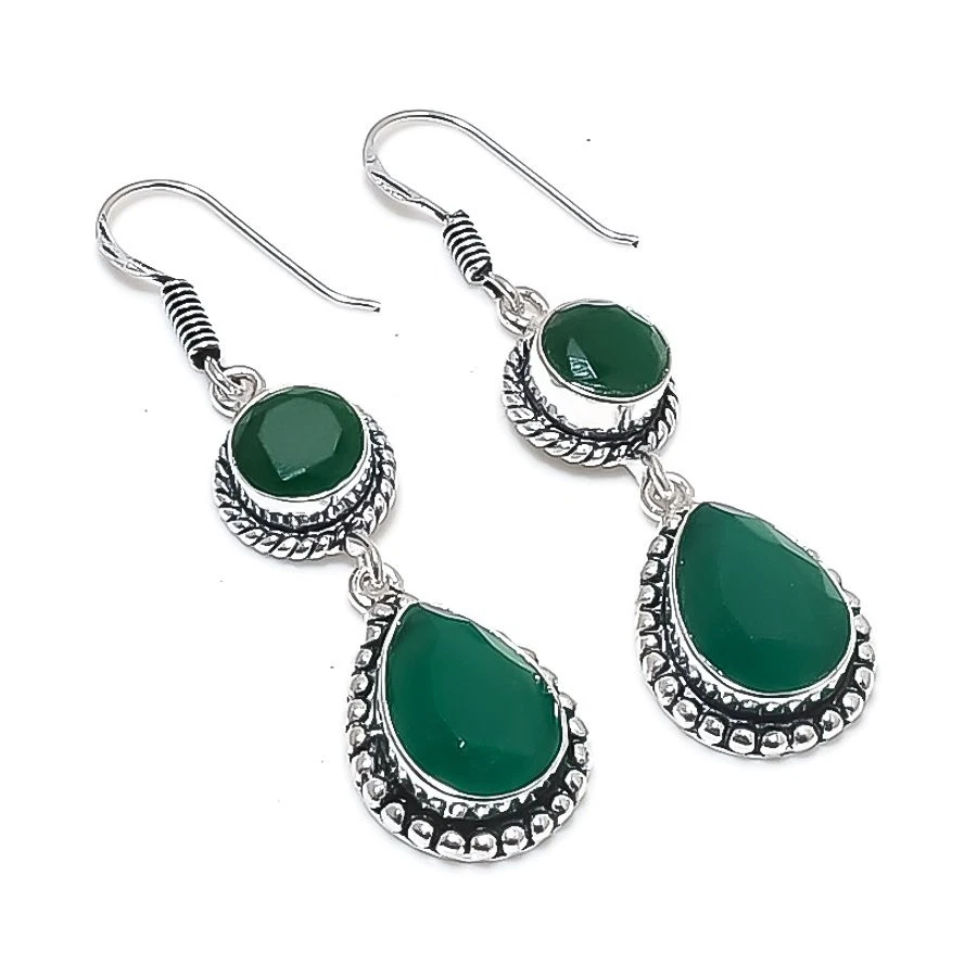 Green Onyx Gemstone Handmade 925 Sterling Silver Jewelry Earring Size 2" - Image 1 of 1