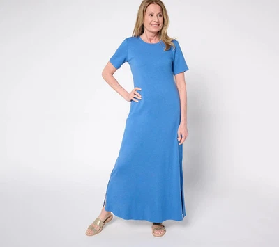 Maxi Vestido Denim & Co. Estampado Playa Jersey Corto Slv Indigo Mar M A643219 Foto 1 de 2