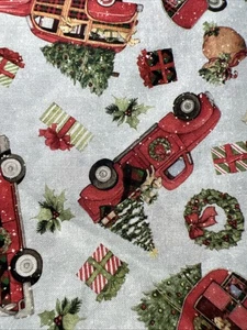 LITTLE RED TRUCK TOSS ON GREEN BY SUSAN WINGET - 25”x45” COTTON FABRIC - Picture 1 of 3