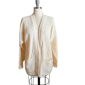 Evan Picone Cream Cable Knit Cardigan M Lambswool Angora Rabbit Hair Pockets - Picture 1 of 7