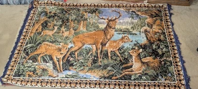 VTG Deer/Buck Large Tapestry Wall Hanging Rug Decor 49X75 Forest/Nature Scene  - Image 1 of 4