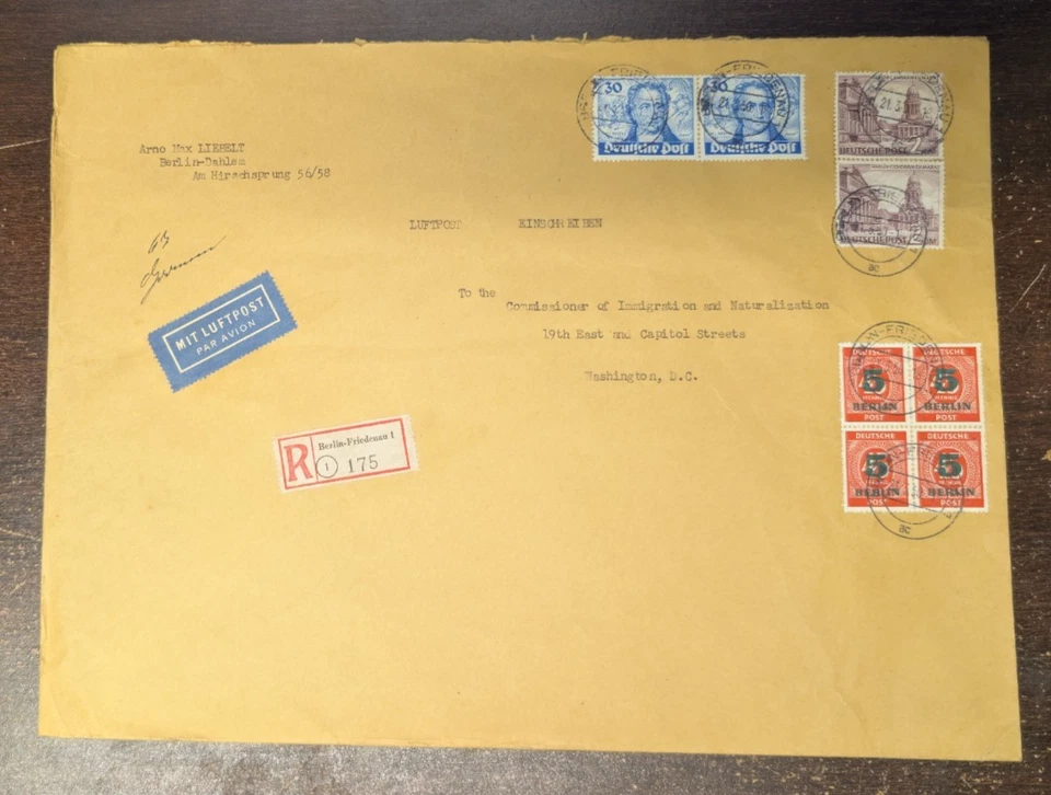 GERMANY 1950 US BERLIN LARGE COVER FRANKED SC. #9N63(X2) 9N58(X2) ON REGISTERED - Image 1 of 2