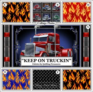 QUILTING TREASURE, "KEEP ON TRUCKIN" SEMI TRUCKS, FLAMES, FABRICS - Picture 1 of 10