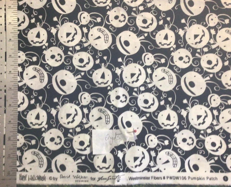 Free Spirit Happy Halloween Black White Jack o Lanterns Cotton  Fabric 2 Yards - Image 1 of 1
