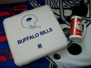 VINTAGE 1960s AFL ERA BUFFALO BILLS FOOTBALL SEAT CUSHION & THERMO-SERV MUG NICE
