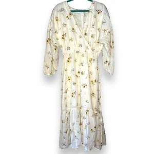 H&M Floral Cotton Midi Dress Medium Cream Wildflower Meadow Wrap Tiered Boho - Picture 1 of 9
