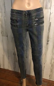 Free People Retro Punk Blue Plaid Skinny Moto Ankle Pants Sz 27 Stretch Zippers - Picture 1 of 11