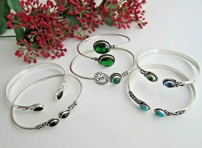 Silver Bracelet Bangle w Various Gems: Onyx, Turquoise, Moonstone, Topaz - Image 1 of 4