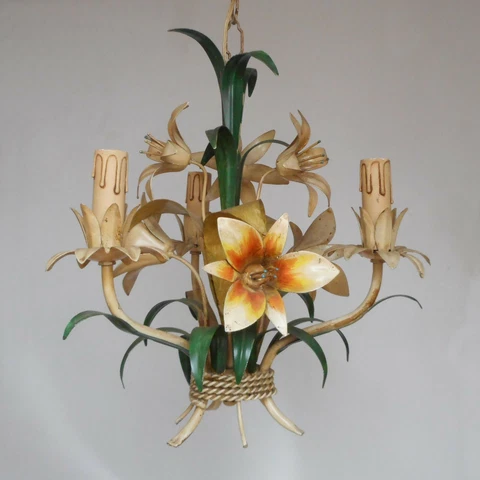 VINTAGE FLORENTINE ITALIAN TOLE CHANDELIER CEILING LIGHT 3 ARMS LILY FLOWERS Cover