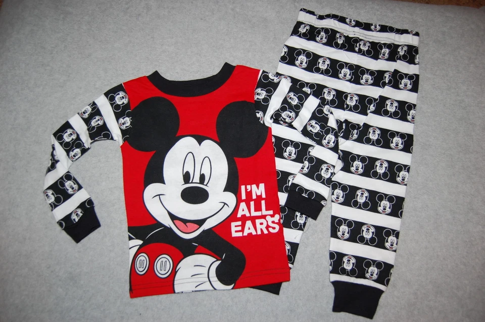学步男孩 L/S 睡衣套装米奇老鼠“I'M ALL EARS”黑色红色 2T 3T 4T 5T — 第 1/1 张图片