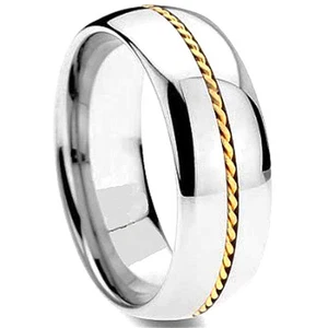 TITANIUM Men's Fashion Plain RING BAND with Gold Plated Braid strip, size 11 - Picture 1 of 4