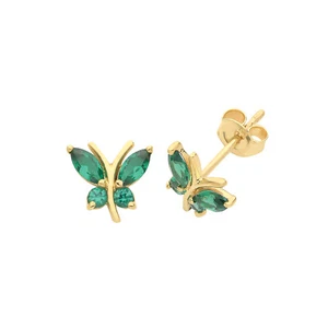 Emerald Butterfly Stud Earrings Yellow Gold Natural Stone 375 Hallmark New Boxed - Picture 1 of 2