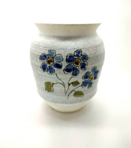 Vintage Studio Art Pottery Blue Flower Vase Hand Painted Folk Art Boho Cottage - Picture 1 of 7