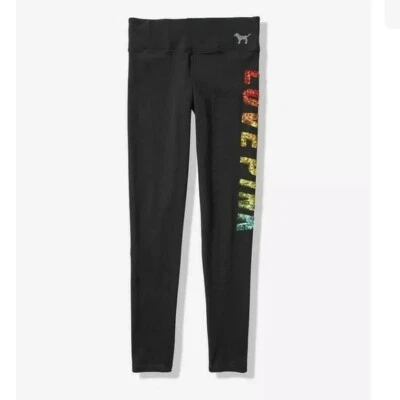 Victoria's Secret Rosa Bling Ombre Arco Iris Lentejuelas Algodón Negro Yoga Leggings, S Foto 1 de 4