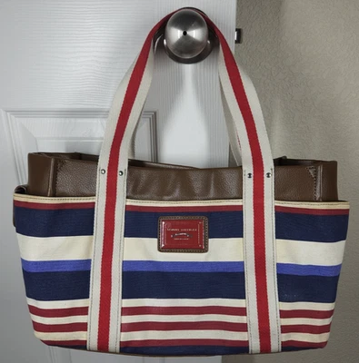 Bolso de Mano TOMMY HILFIGER Rojo/Blanco/Azul Rayas Lona Marrón Imitación Cuero Foto 1 de 4
