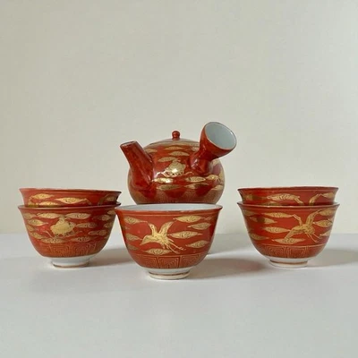 Tetera japonesa vintage Kutani Ware Eiraku grúa dorada porcelana con 5 tazas de té Foto 1 de 4