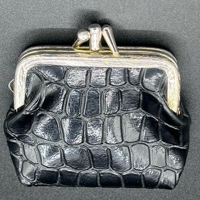 Vintage 70s Shiny Vinyl Textured Black Coin Purse Kiss Lock Plastic Divider - Image 1 of 4