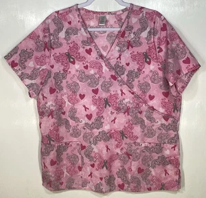 Pink Ribbon Scrub Top womens size L Large measured Butterfly Breast Cancer grey - Picture 1 of 3