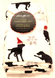Eddie Bauer - 2 Pc Hand Towel Set / Black Lab with Santa Hat & Snowflake - New - Picture 1 of 3