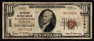 $10 1929 Citizens National Bank Washington, PA Ch # 3383 DOS NOMBRES ESTATALES EN MUY BUEN ESTADO - Imagen 1 de 2