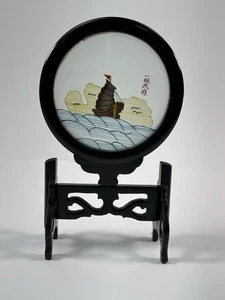 Barco de vela vintage chino de doble cara con bordado de seda de vidrio burbuja con caja - Imagen 1 de 9