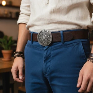 Hombres Mujeres Hebilla de Cinturón Metal Plateado Moda Occidental Calendario Azteca Piedra Solar Maya - Imagen 1 de 24