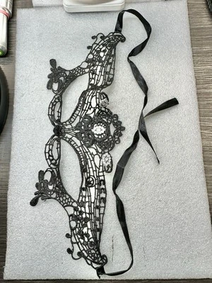 Black Lace & Rhinestone EYE mask Masquerade Tie Back  - Image 1 of 4