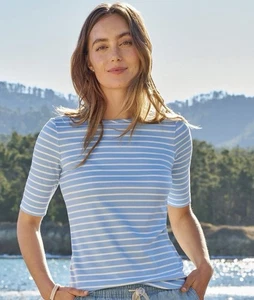 LL Bean Pima Cotton Boat Neck Tee XL Petite Striped Elbow Sleeve Baby Blue Shirt - Picture 1 of 7