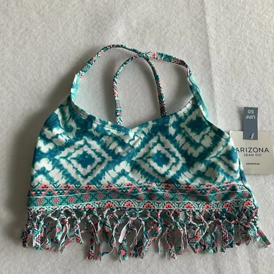 Arizona Jeans Co Girls Bralette Bikini Top M 10/12 Blue Fringe Trim NWT - Image 1 of 4