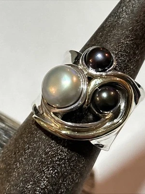 Hagit .925 Sterling Silver & 14K Gold Cultured Pearl Ring Size 5 NEW QVC - Image 1 of 4