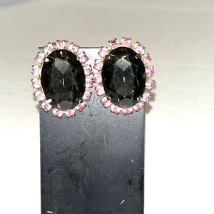 Vtg Smoky Quartz Pink Crystal Rhinestone Earrings Glass Goldtone Oval Clip On - Picture 1 of 10