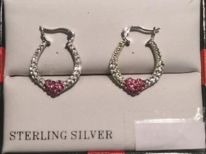 White Stones 925 Sterling Silver Scalloped Hoop Earrings - Picture 1 of 15