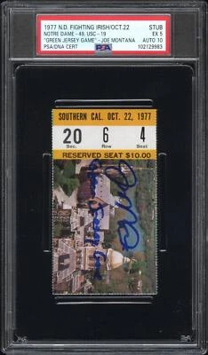 Joe Montana signed 1977 ND Green Jersey Game Ticket Stub PSA 5 auto Grade 10 - Image 1 of 3
