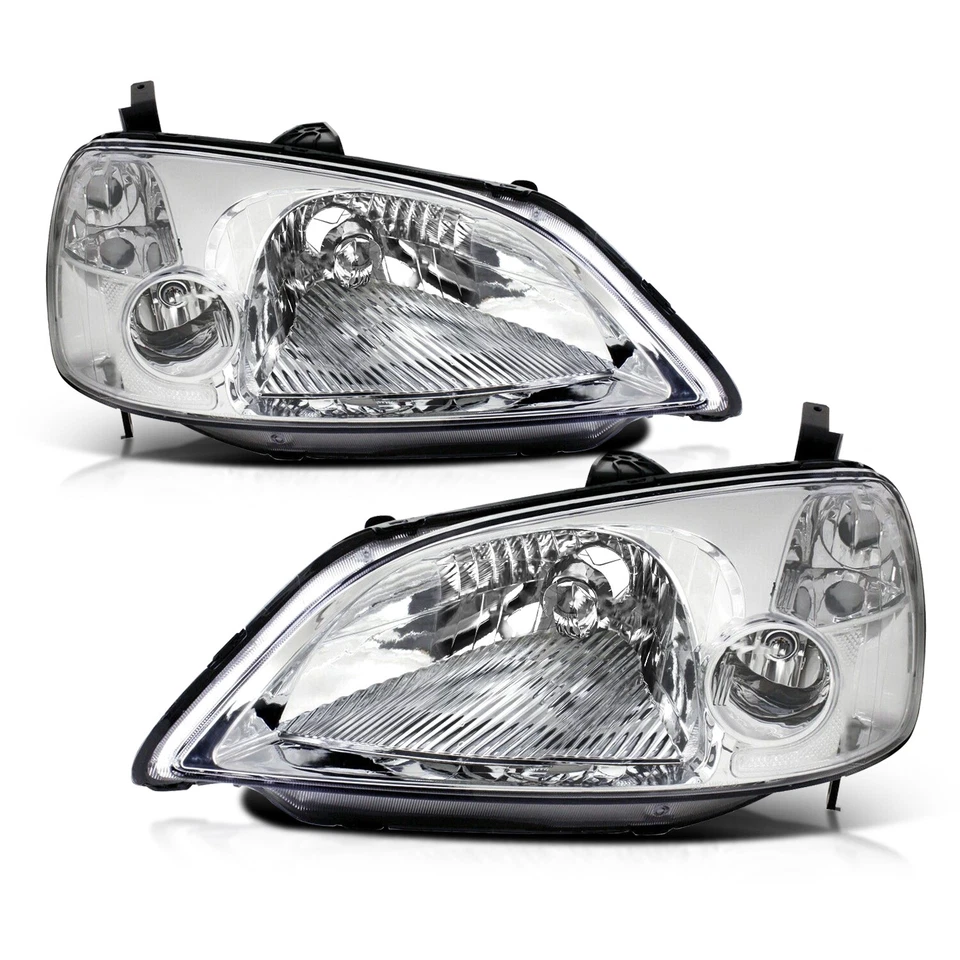 For 2001 2002 2003 Honda Civic Chrome Clear Headlights Assembly Lamps Set - Image 1 of 4