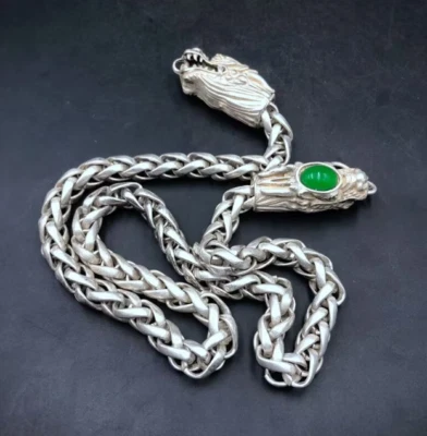 Early Collection: Old Silver Inlaid Dragon Head Green Jade Noble Gift Necklace - Image 1 of 4