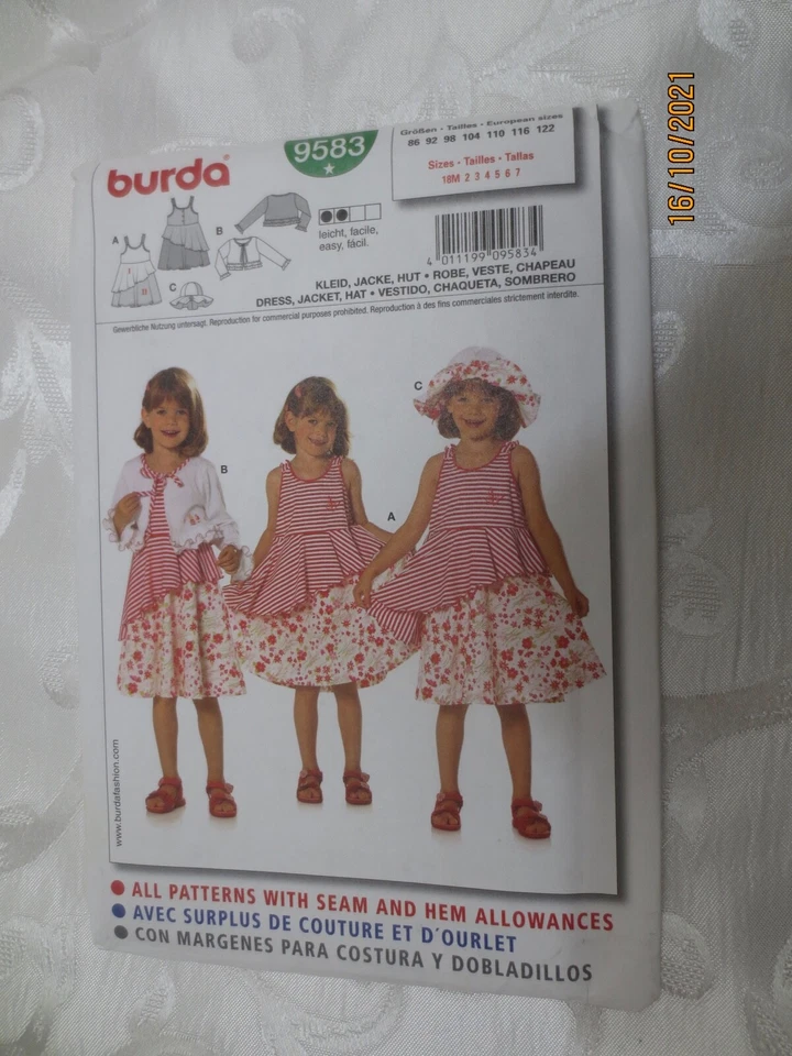 New Uncut Burda  #9583 Funky Dress jacket Hat sizes 18 months- 7 - Image 1 of 1